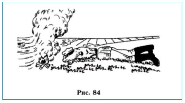 На рисунке изображен один из способов защиты от удушливых газов за костром. 