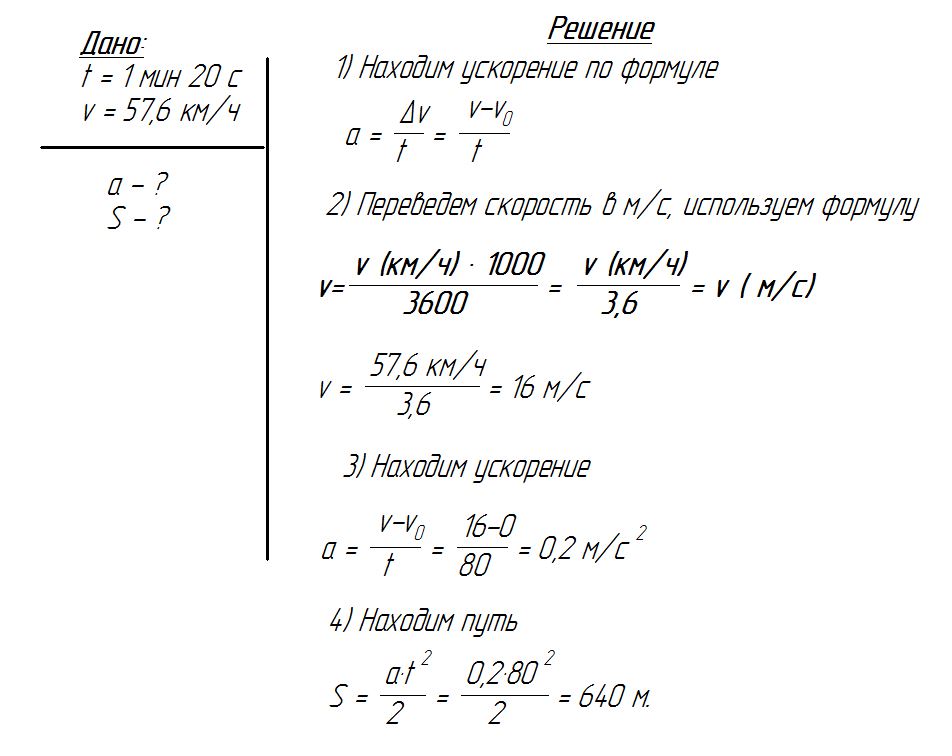 Электричка отходит от станции, двигаясь равноускоренно в течение 1 мин 20 с. Каково ускорение электрички - Решение задачи