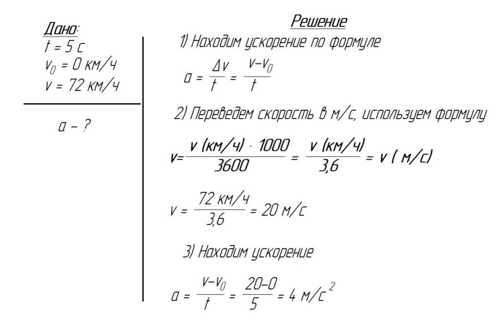 Решение задачи "Мотоцикл в течение 5 с может увеличить скорость от 0 до 72 км/ч. Определите ускорение мотоцикла"