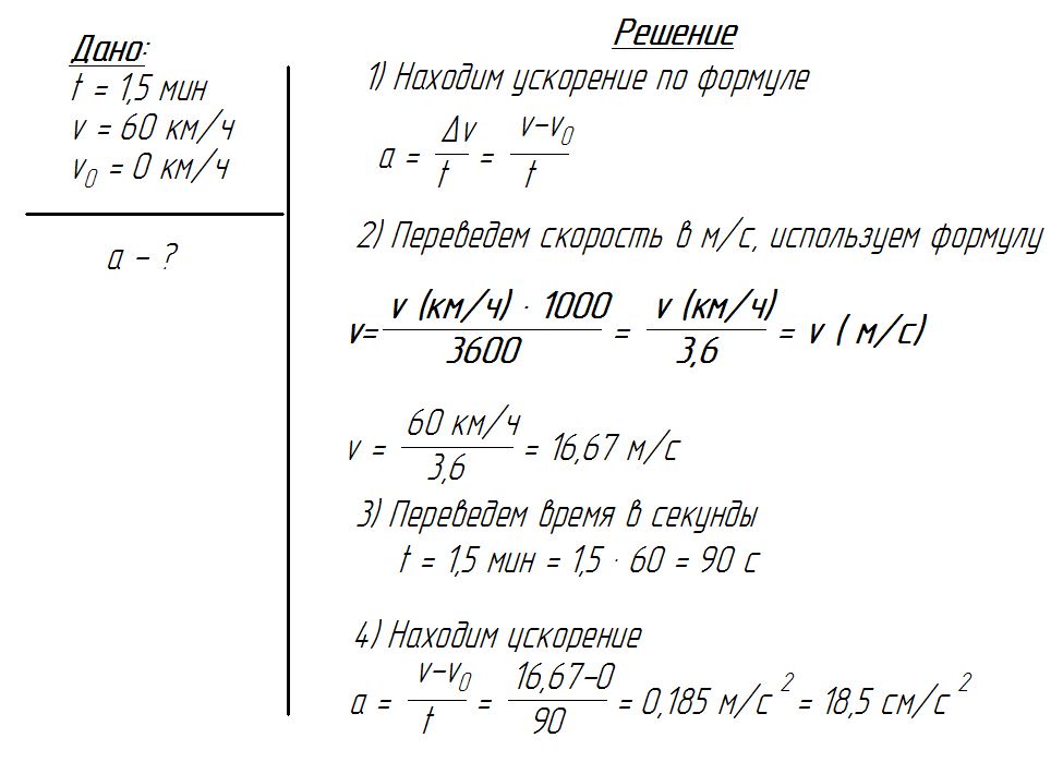 Скорость автомобиля за 1,5 мин движения возросла от 0 до 60 км/ч. Найдите ускорение автомобиля